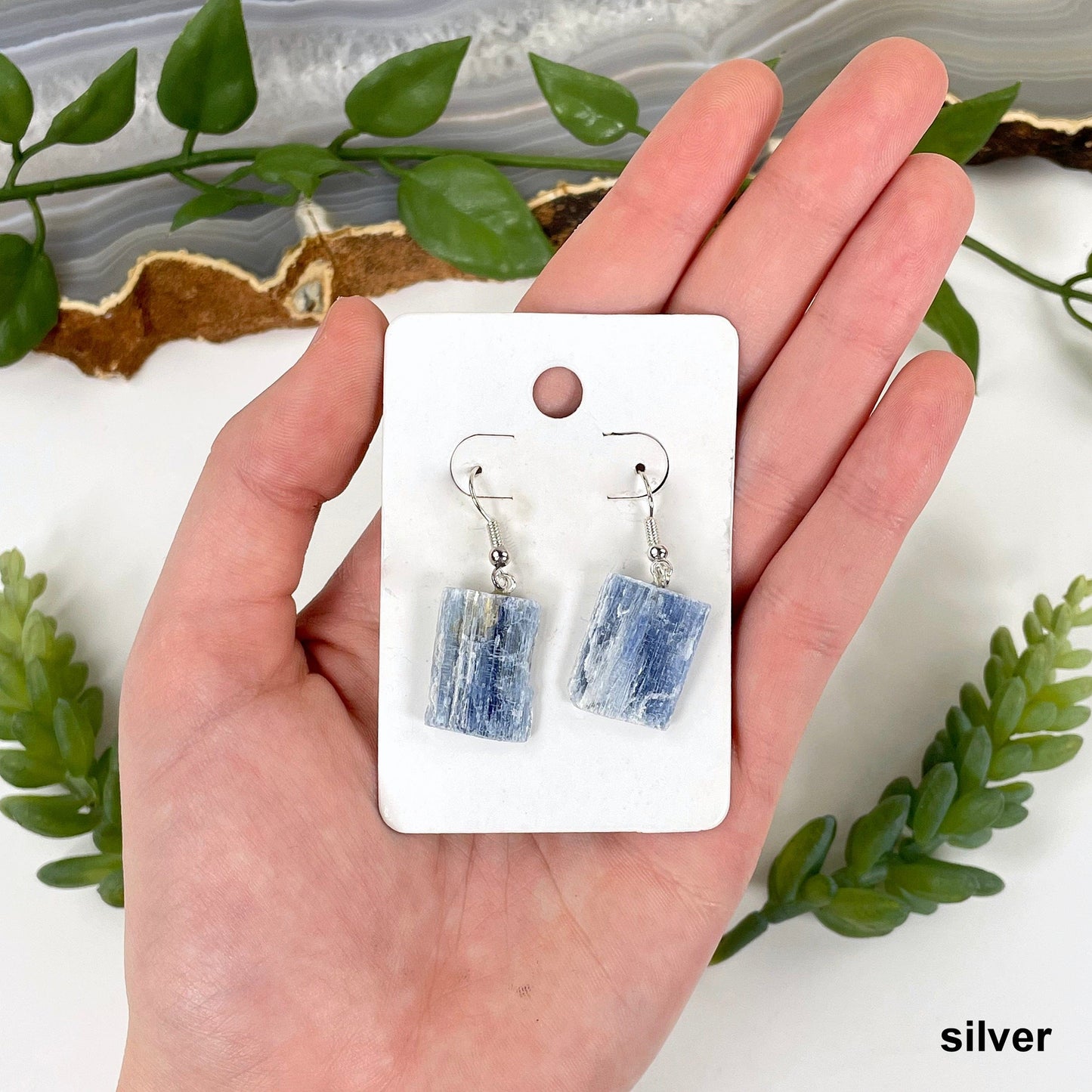 one silver pair of blue kyanite earrings in hand in front of plant decorations