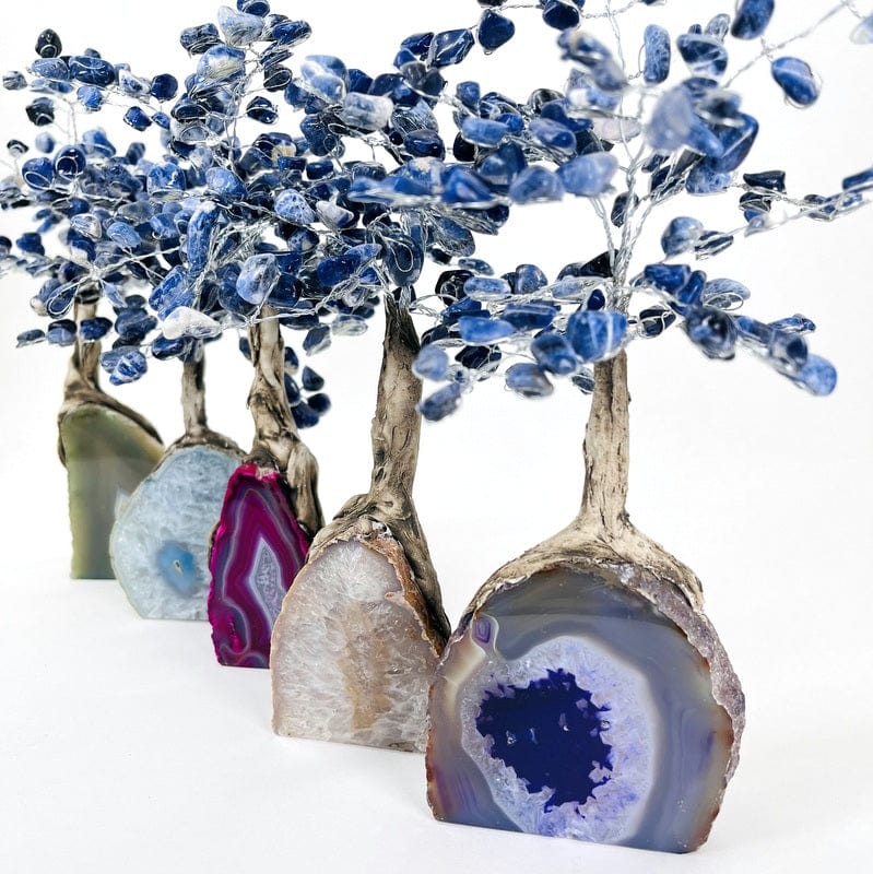 multiple colored geodes trees with sodalite tumbled stones on the top portion