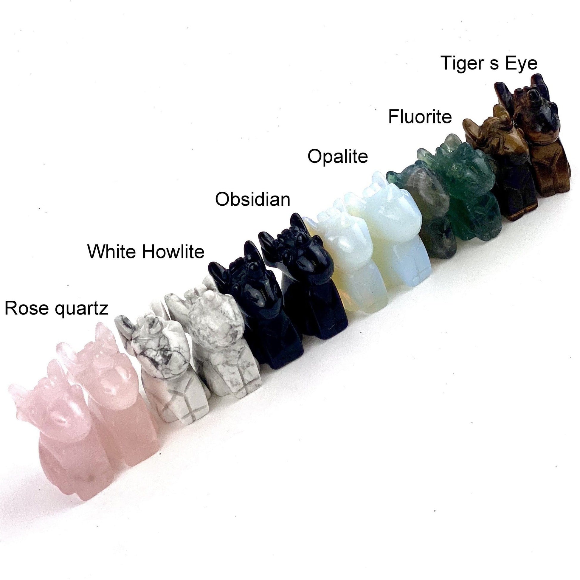 All Stones of Gemstone Unicorn Dragon, stone showing Rose Quartz, White Howlite, Obsidian, Opalite, Fluorite, and Tigers Eye