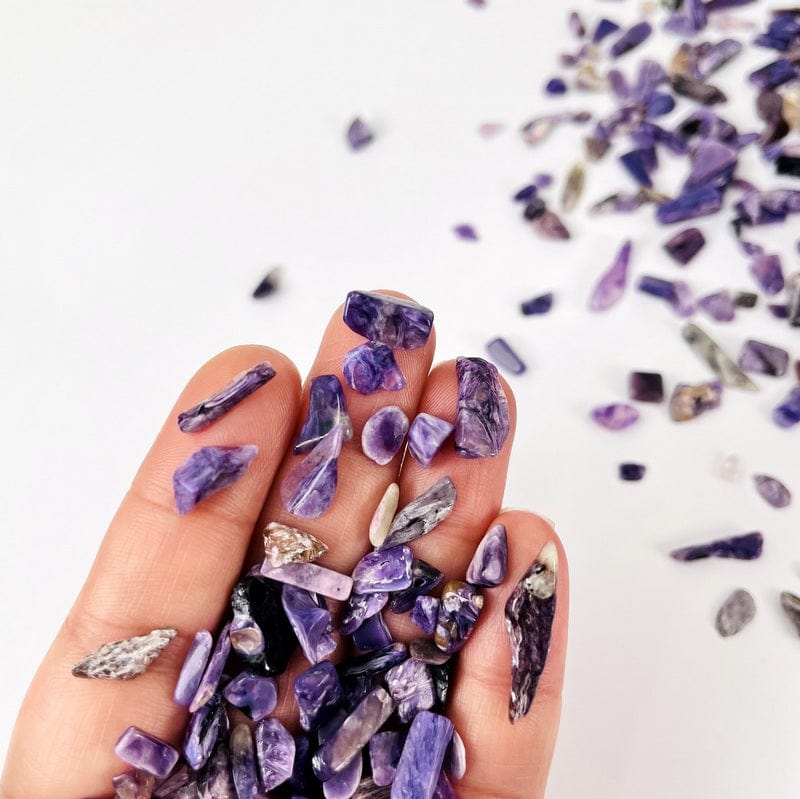 charoite tumbled chips in hand for size reference 