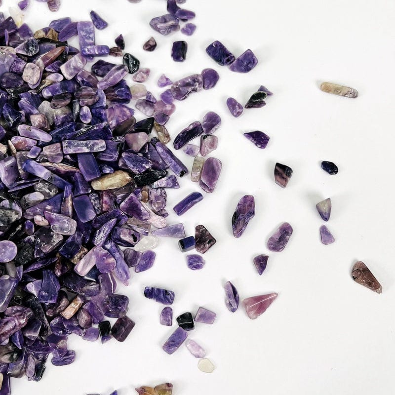 close up of charoite tumbled small chips 
