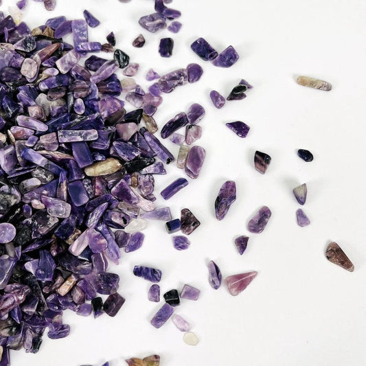 close up of charoite tumbled small chips 