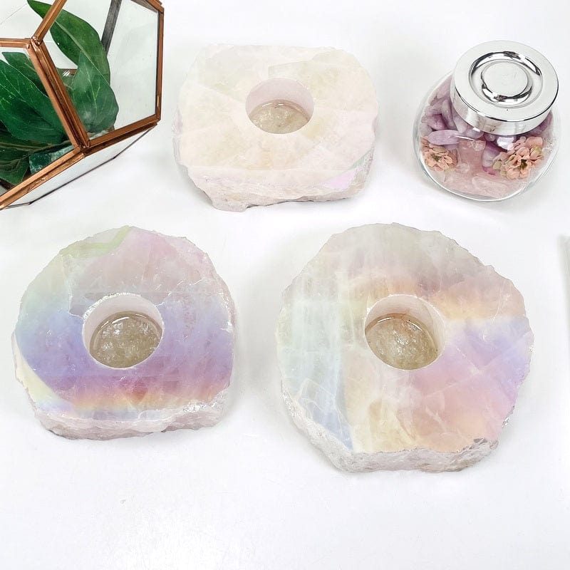 multiple angel aura coated rose quartz candle holders 