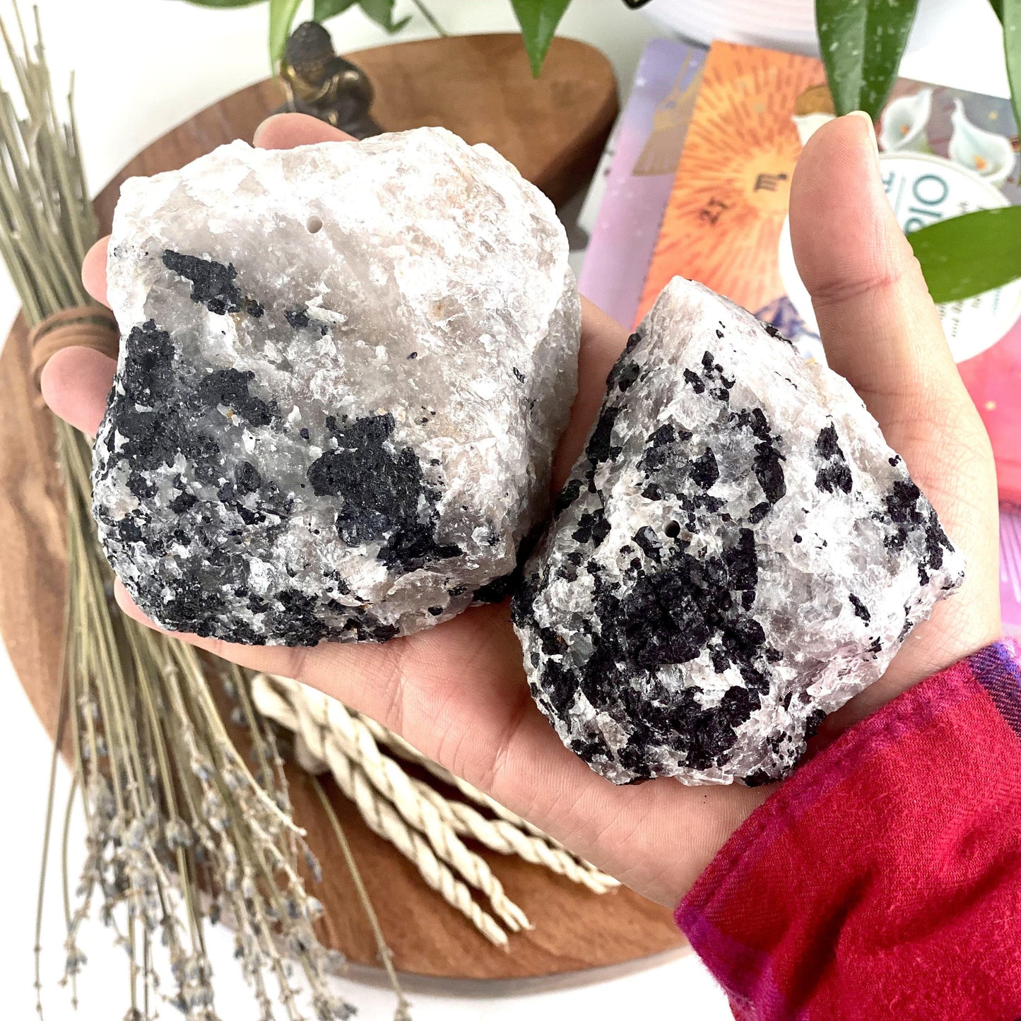 Hand holding 2 Rough Stone Incense Burners with decorations and books in the background