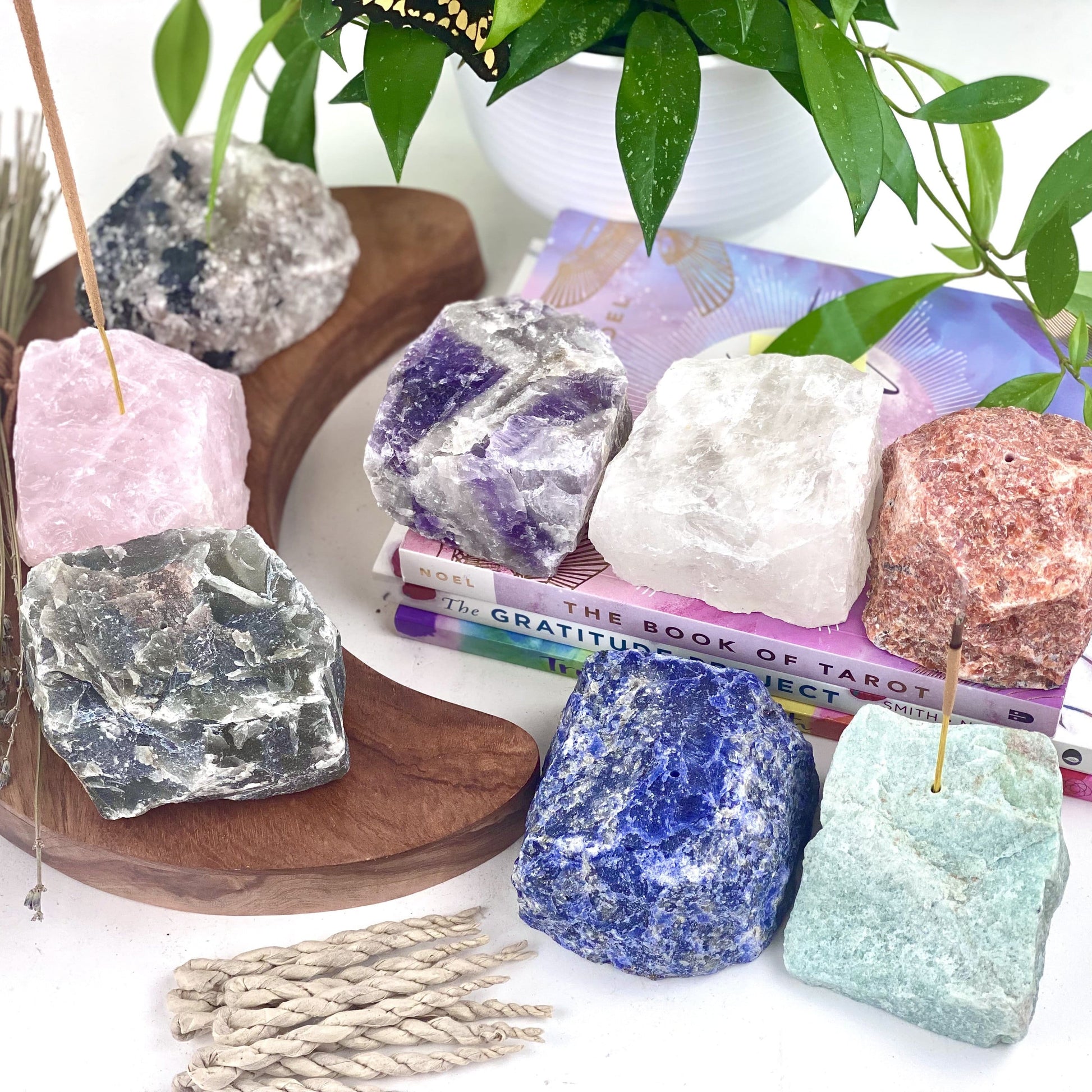 8 Rough Stone Incense Burners with plants and books around them