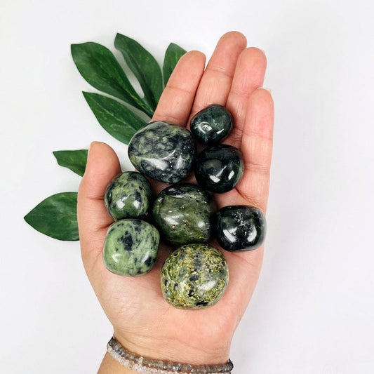 1/2 LB of nephrite tumbled stones in hand for size reference 