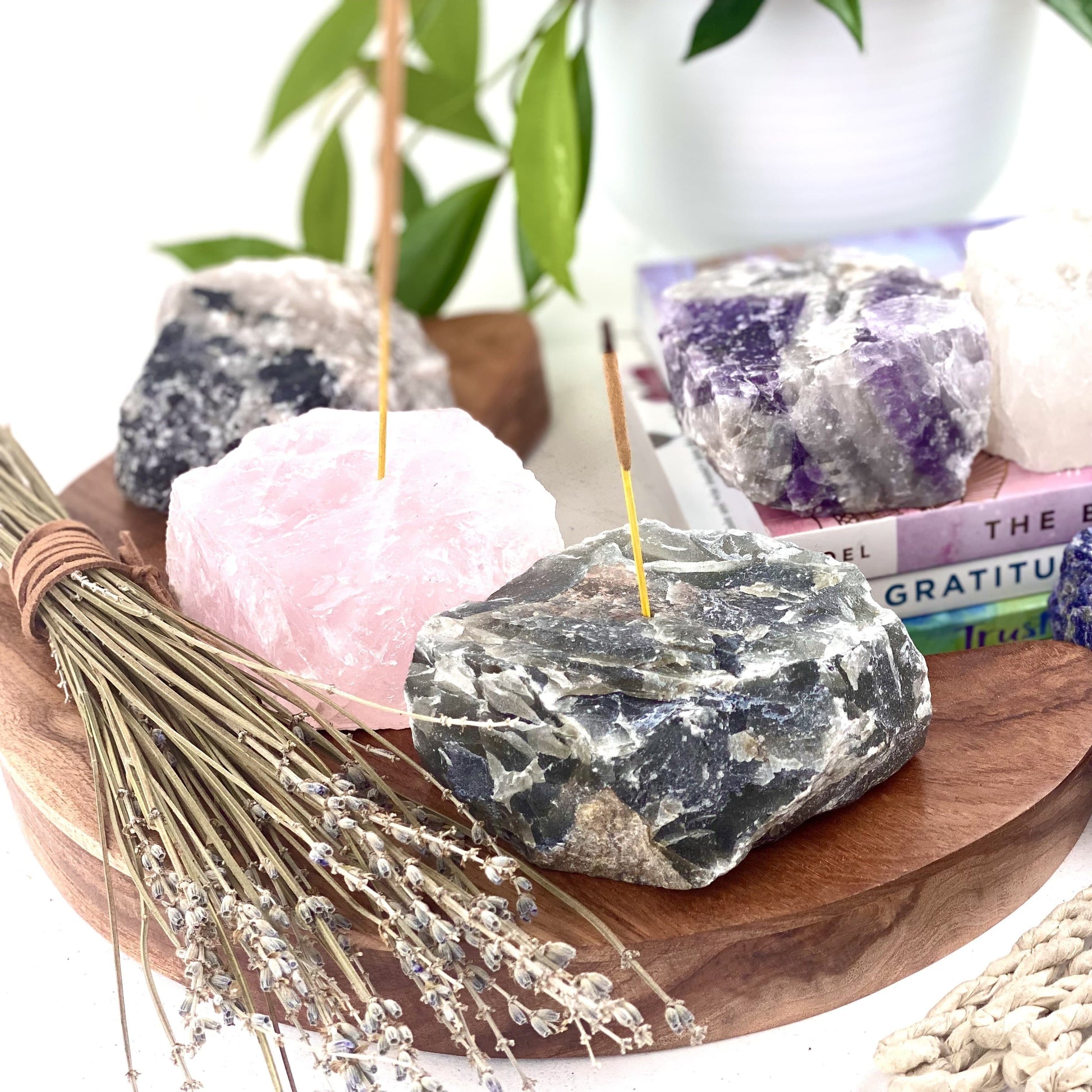 2 Rough Stone Incense Burners with other crystals and decorations
