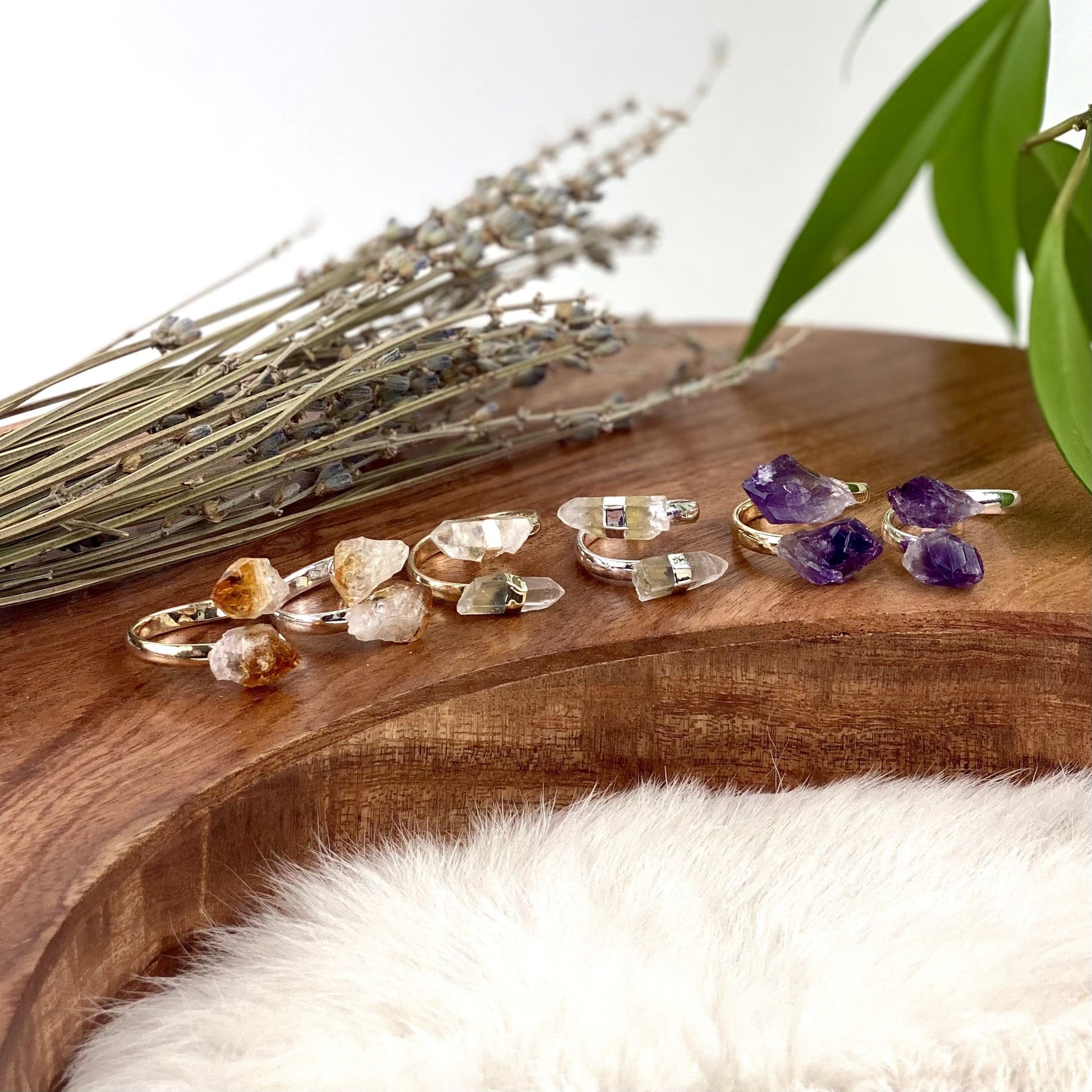 Crystal Quartz, Amethyst, and Citrine Double Point Ring in both silver and gold 