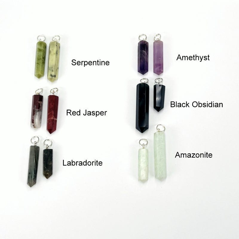 close up of the serpentine, red jasper, labradorite, amethyst, black obsidian and amazonite point pendant with a silver circle bail
