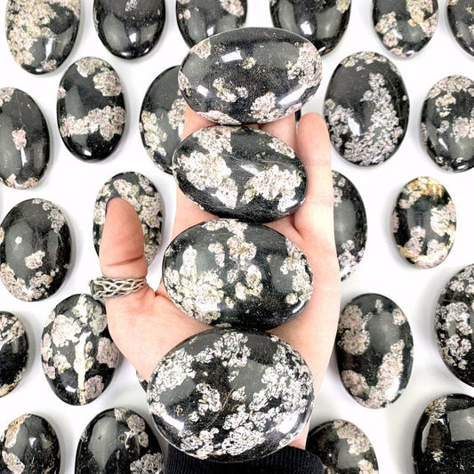 4 stones in hand with more in the background
