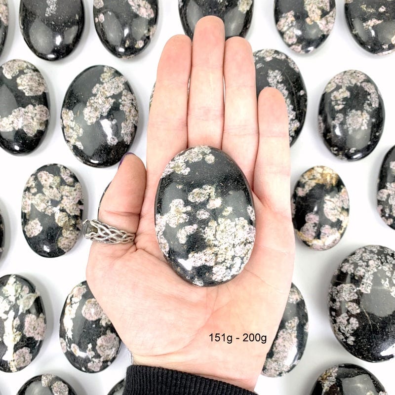 151 gram - 200 gram black jade with pink thulite palm stone in hand with white background
