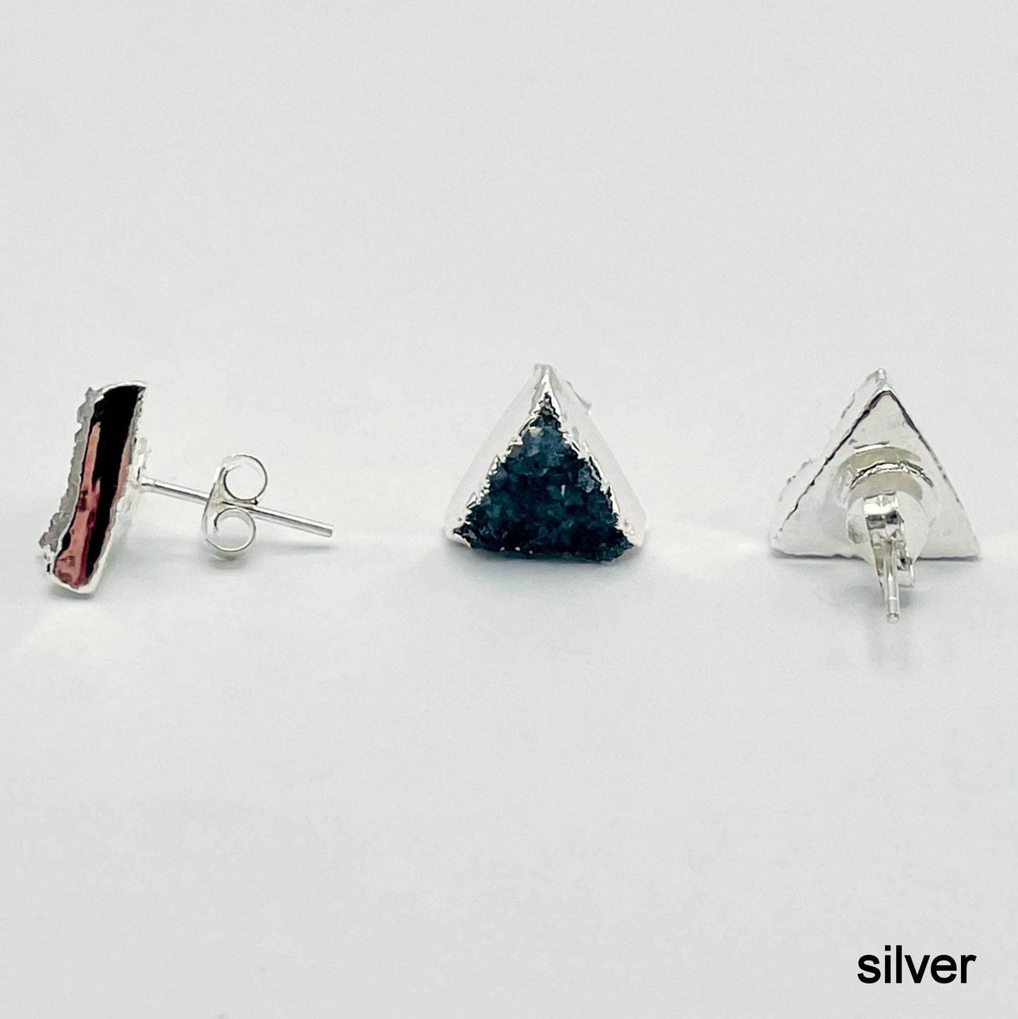 three silver natural druzy triangle stud earrings on white background for side, front, and back view