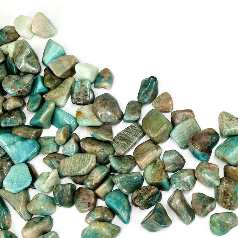 close up of amazonite tumbled stones to show the details and smooth texture 