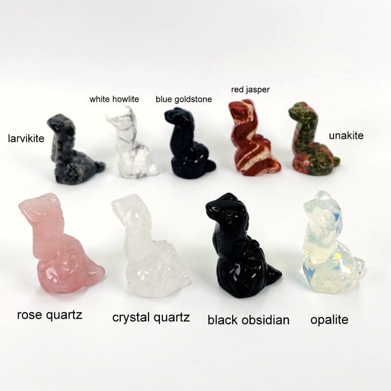 Gemstone Snakes show variations in larvikite white howlite blue goldstone red jasper unakite rose quartz crystal quartz black obsidian opalite