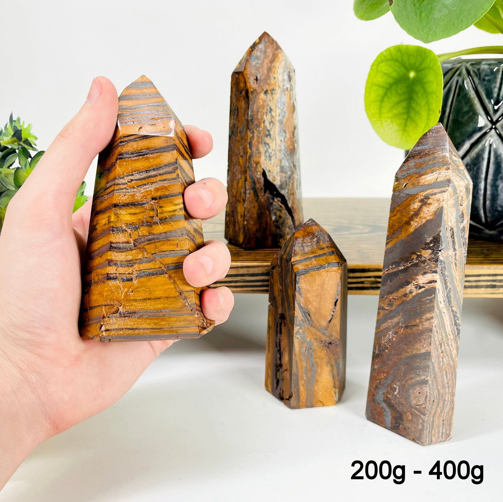 four 200g - 400g tiger eye polished points on display for possible variations with one in hand for size reference