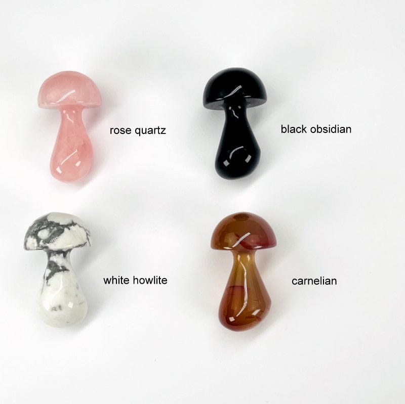 gemstone mushrooms in rose quartz, white howlite, black obsidian and carnelian 