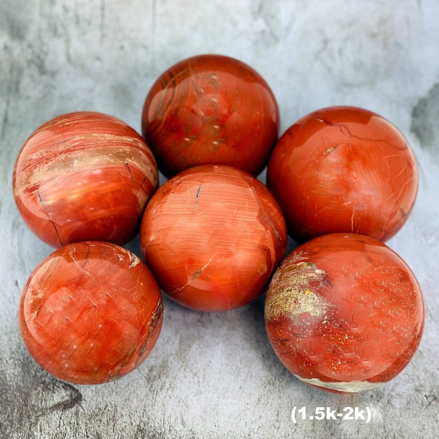 6 1.5-2k Red Jasper Spheres on gray background