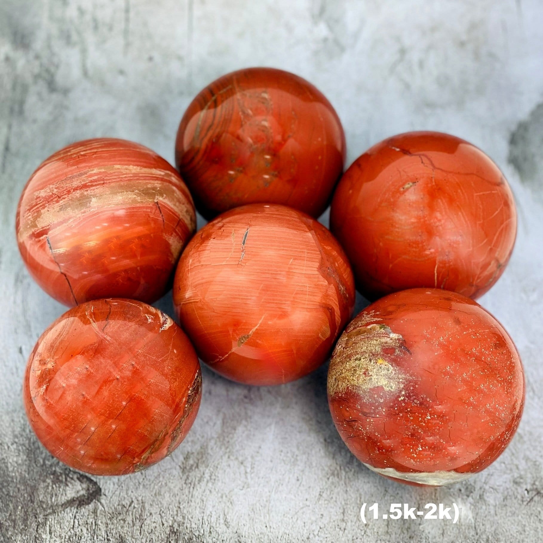 6 1.5-2k Red Jasper Spheres on gray background