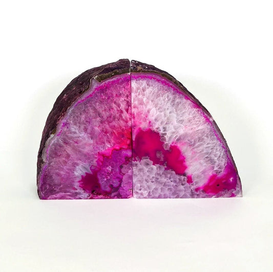 pink agate book end displayed to show the differences in the pattern 