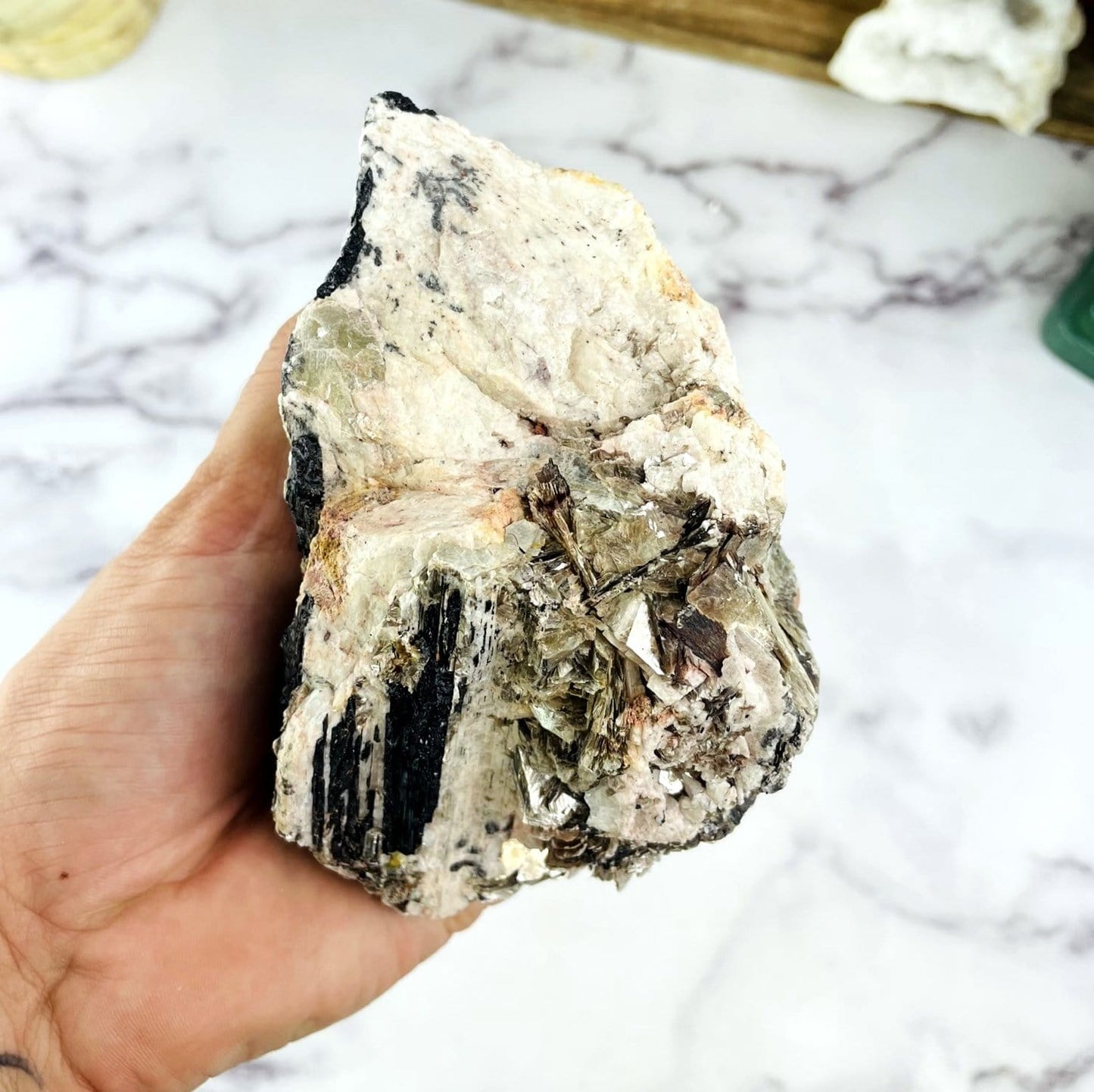 hand holding up Black Tourmaline With Mica with decorations in the background
