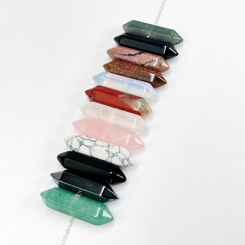 side view of the beads on a silver chain 
