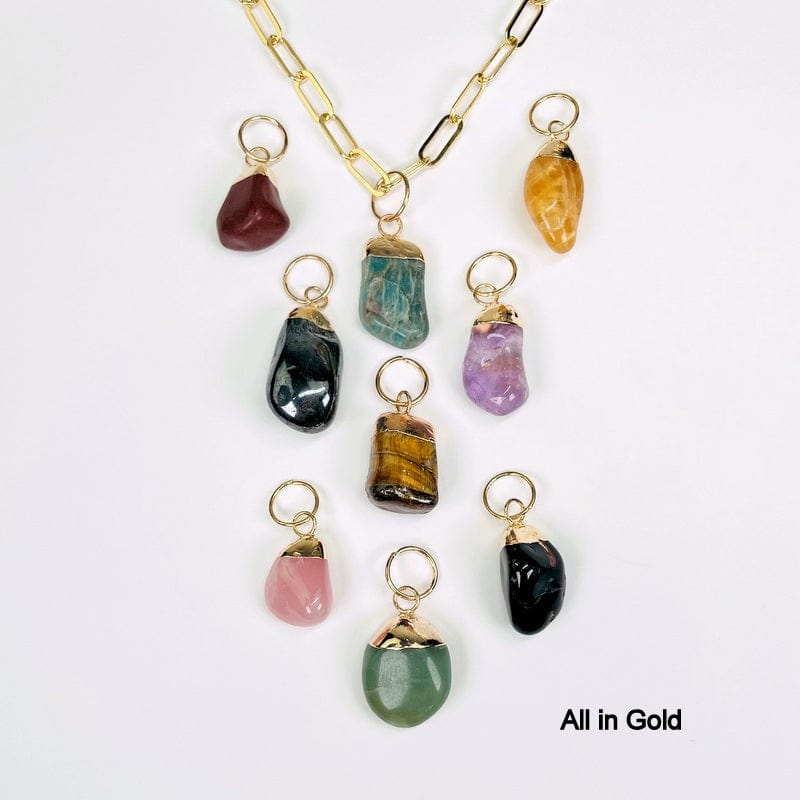 all the tumbled stones in the electroplated gold caps and bails displayed to show the differences in the stone types 