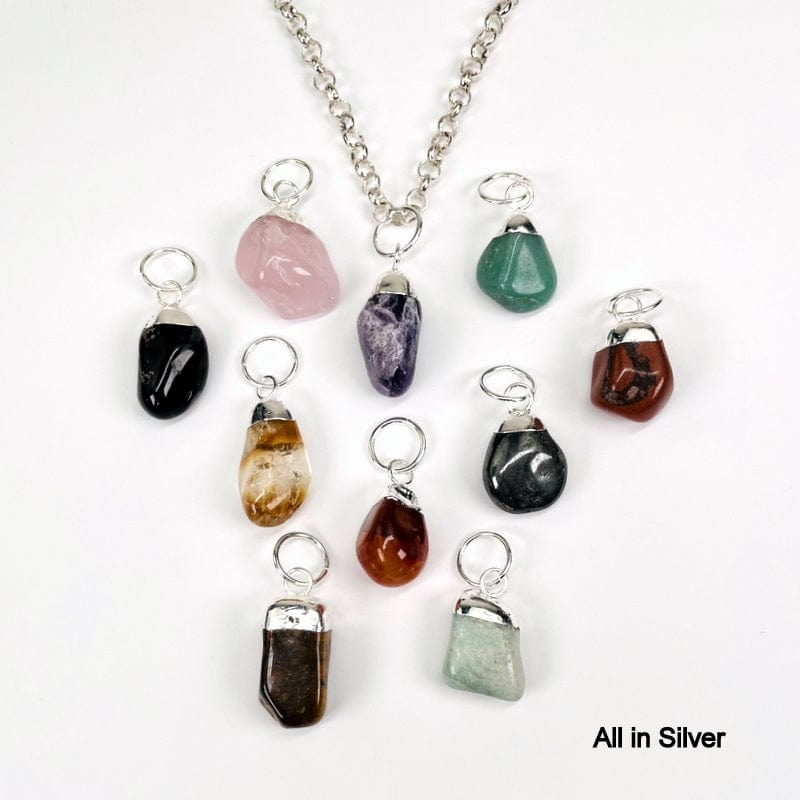 all the tumbled stones in the electroplated silver caps and bails displayed to show the differences in the stone types