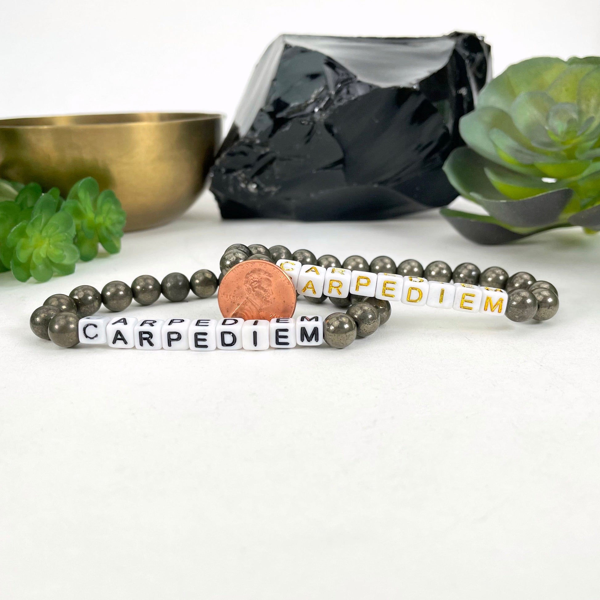 pyrite beaded bracelets with penny for size reference
