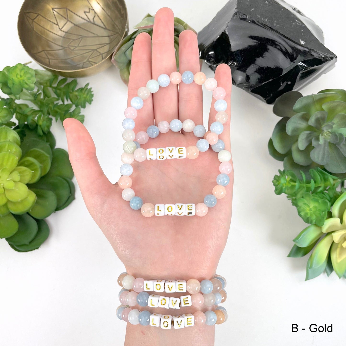 Crystal Mala Bead Bracelet - LOVE - Morganite or Rose Quartz