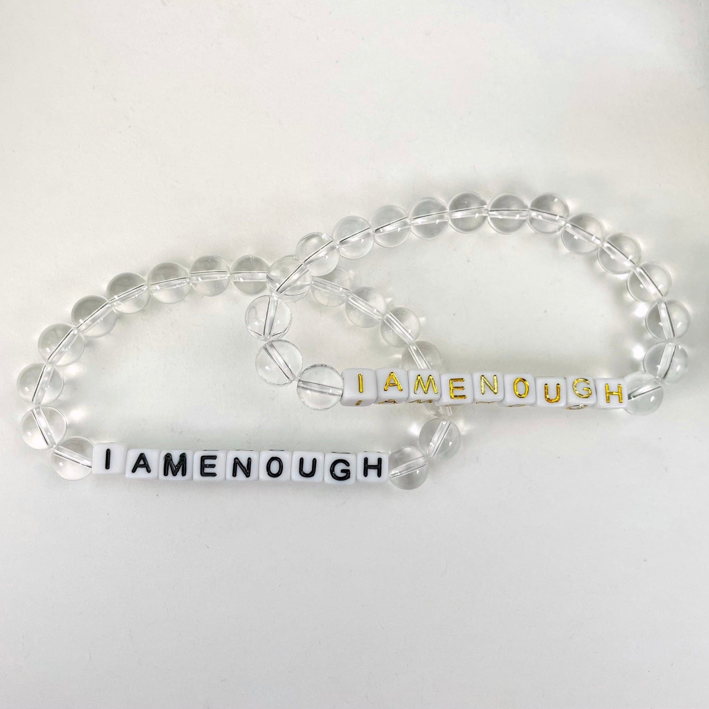 overhead view of crystal quartz beaded bracelet