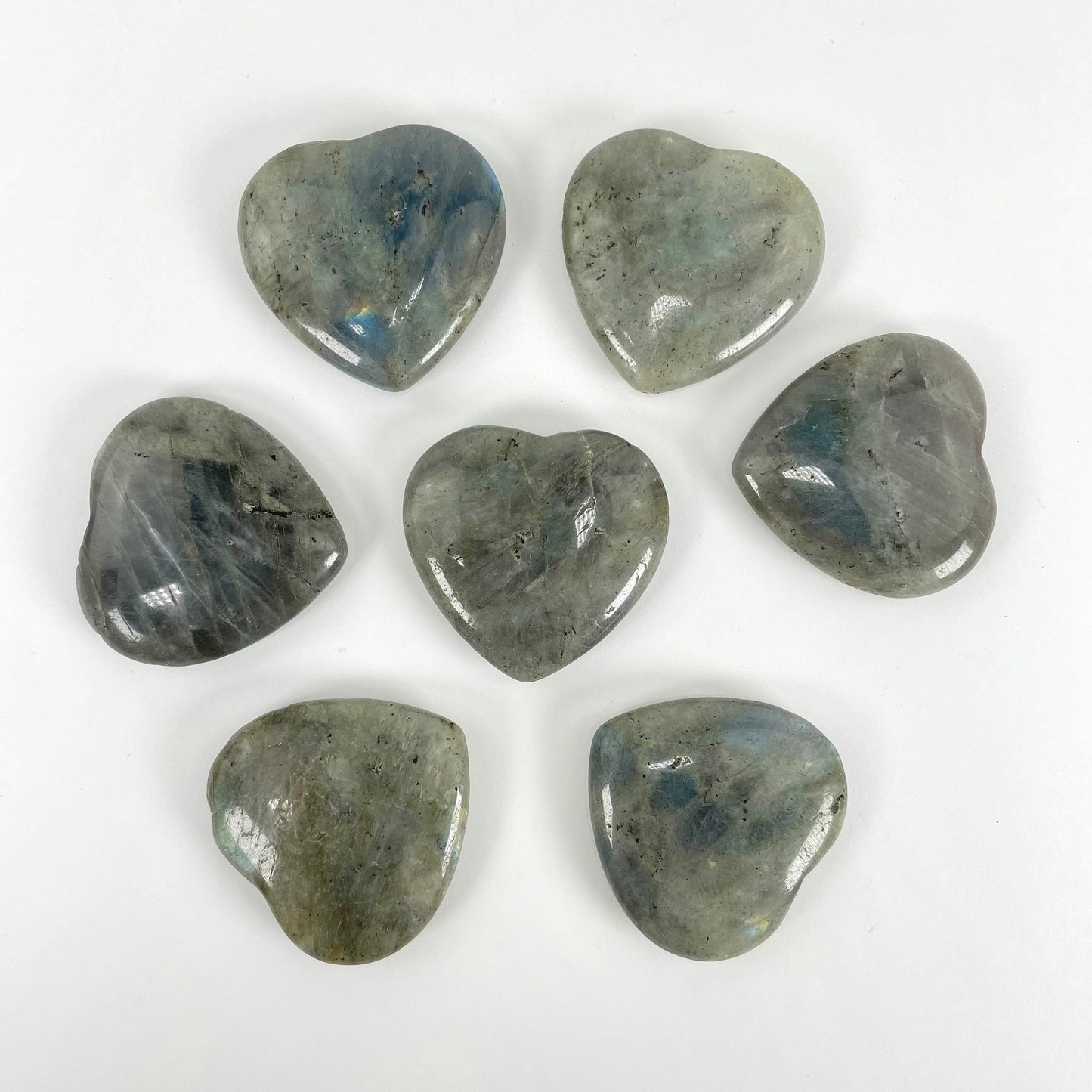 labradorite polished hearts laying flat on display