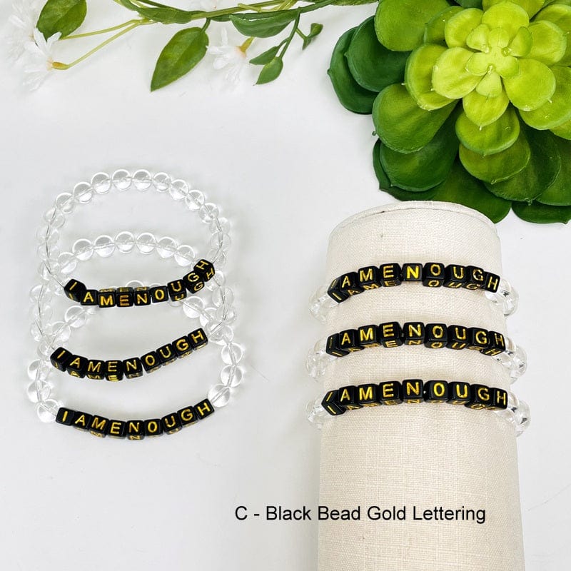 Crystal Crystal Mala Bead Bracelet - I AM ENOUGH -  Black Letter Beads with Gold print