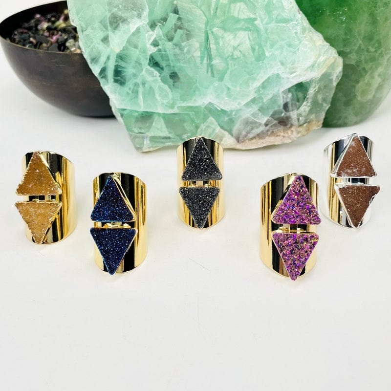 Double Triangle Druzy Ring - Adjustable Cigar Band - Gold or Silver Finish