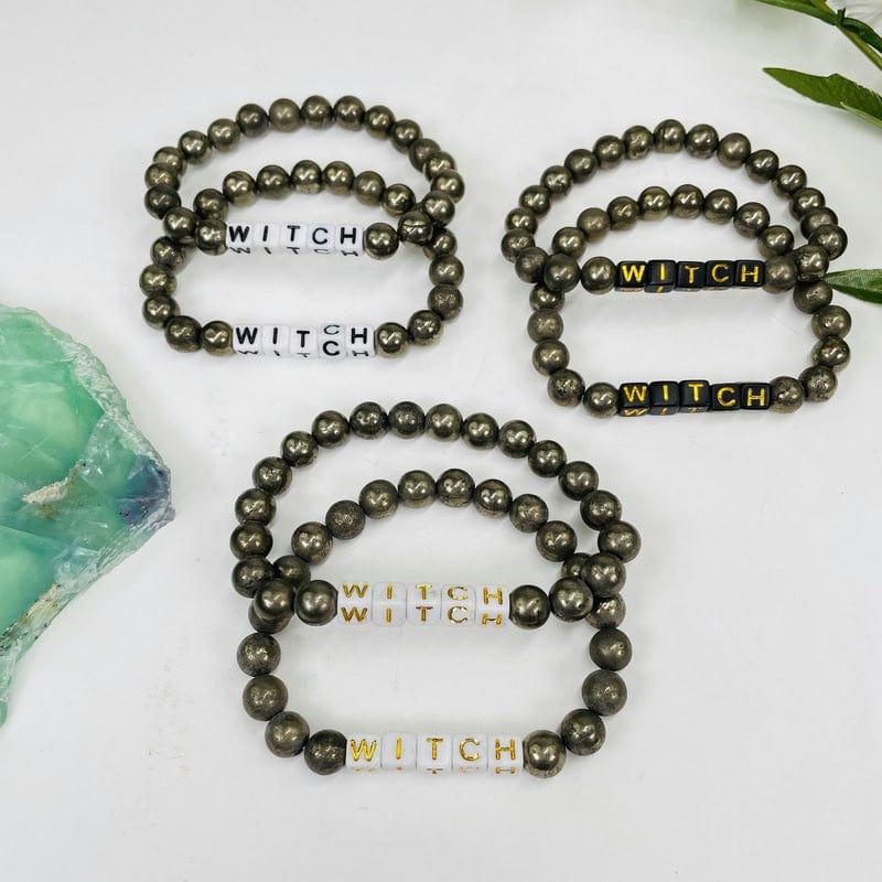 Pyrite Crystal Mala Bead Bracelet - WITCH Letter Beads in black, gold print to show all variations