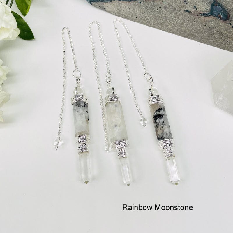 crystal point pendulum in rainbow moonstone