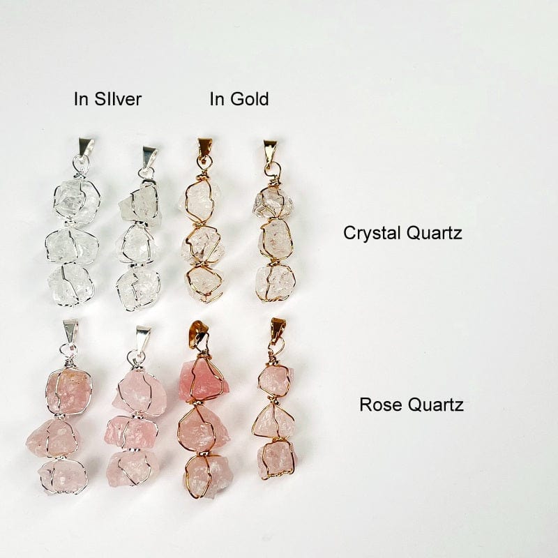 pendants in gold and silver next to their stone name. available in crystal quartz and rose quartz 