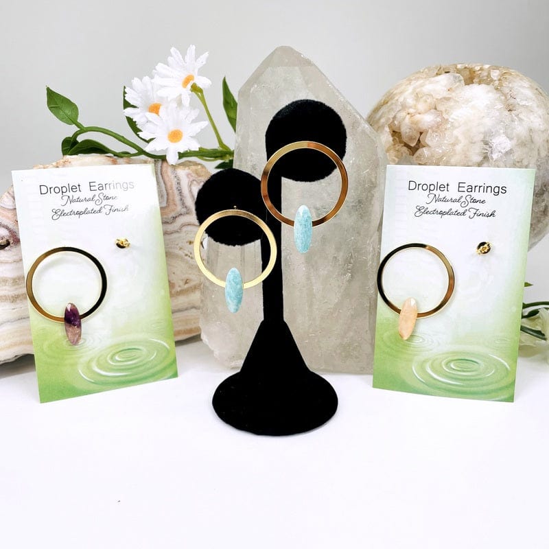 droplet earrings displayed to show how they would hang when on