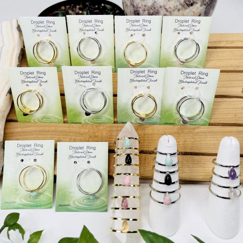 droplet style rings available in gold and silver