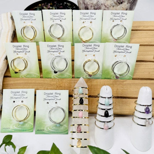 droplet style rings available in gold and silver