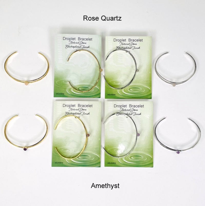 bracelets displayed next to their gemstone name. available in rose quartz and amethyst 