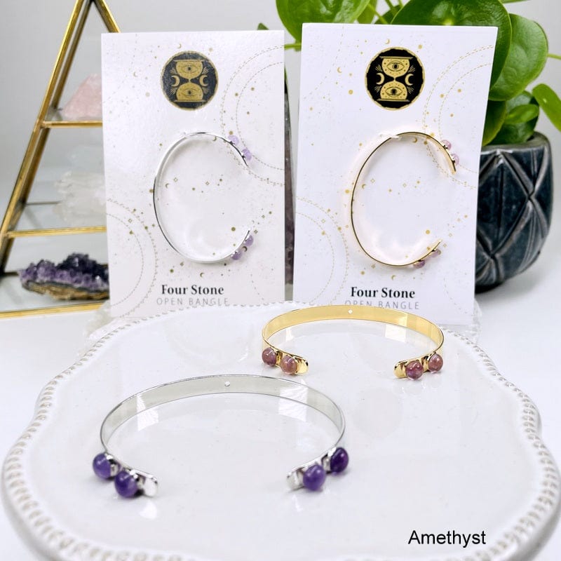 close up of the amethyst bracelets available in silver or gold