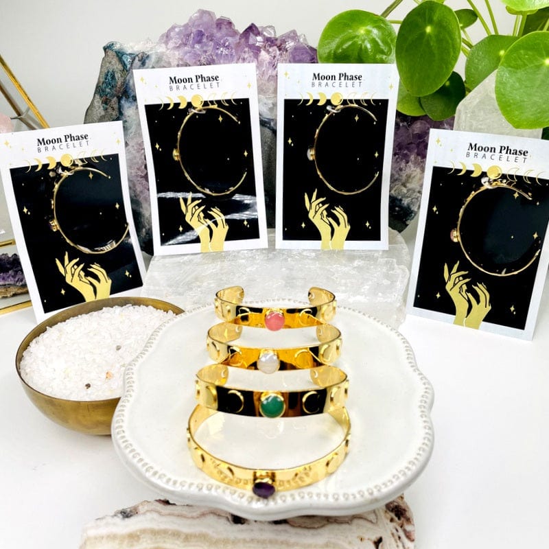 multiple bracelets displayed to show the differences in the gemstones 
