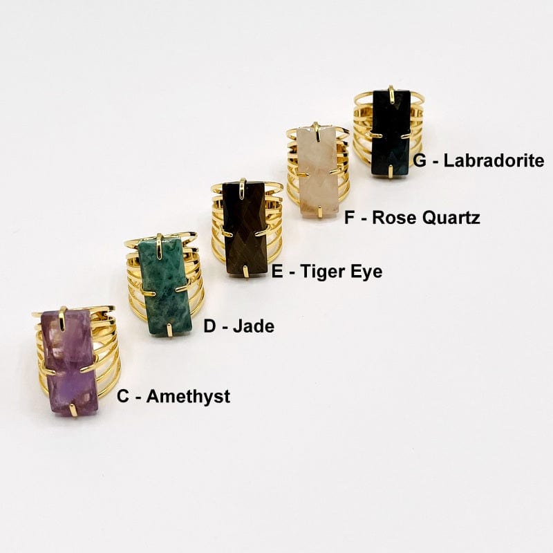 Rectangle Gemstone Cigar Band Ring - Gold Plated Adjustable Statement Ring