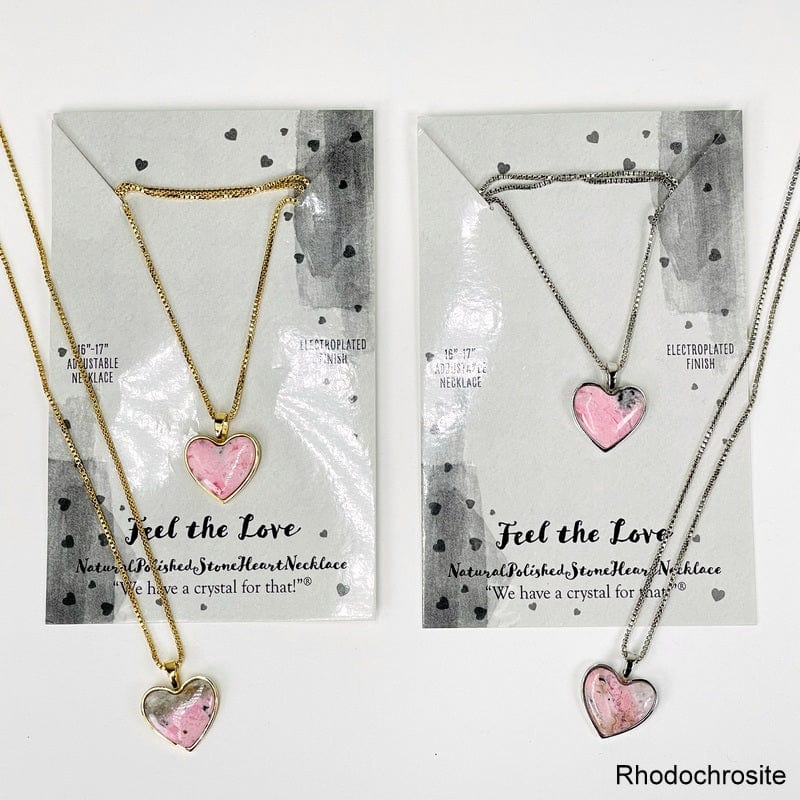rhodochrosite heart shaped gemstone necklace electroplated in gold and silver