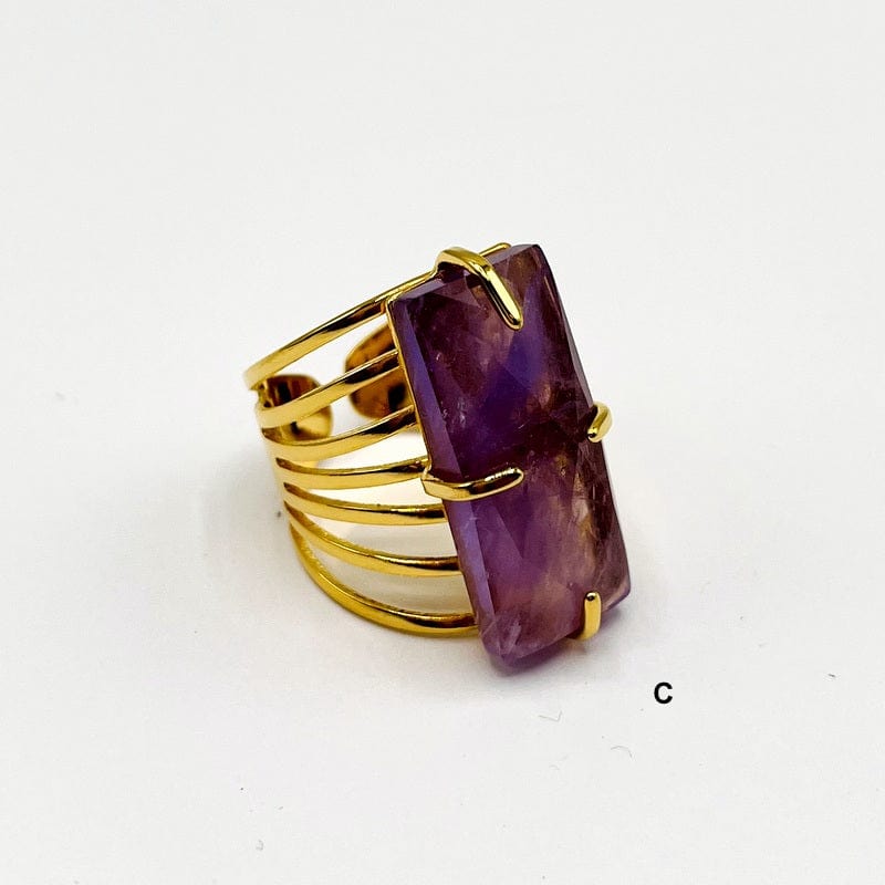 Rectangle Gemstone Cigar Band Ring - Gold Plated Adjustable Statement Ring