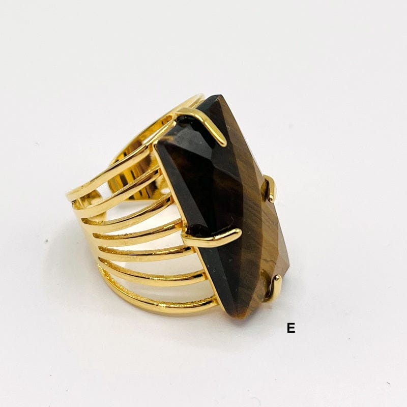 Rectangle Gemstone Cigar Band Ring - Gold Plated Adjustable Statement Ring