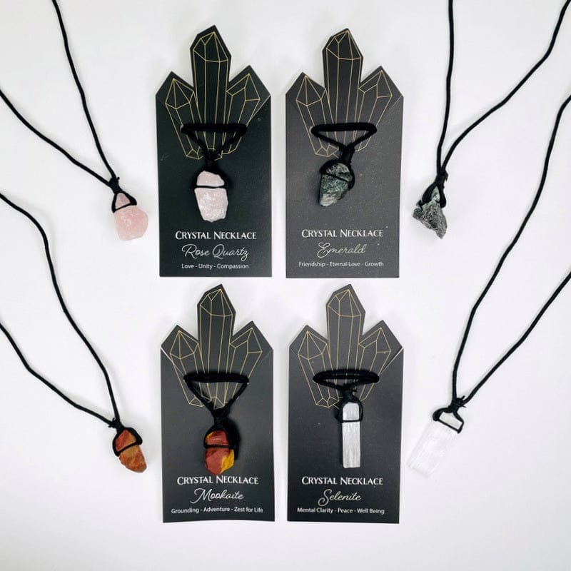 crystal necklaces on cord available in rose quartz, mookaite, emerald , and selenite 
