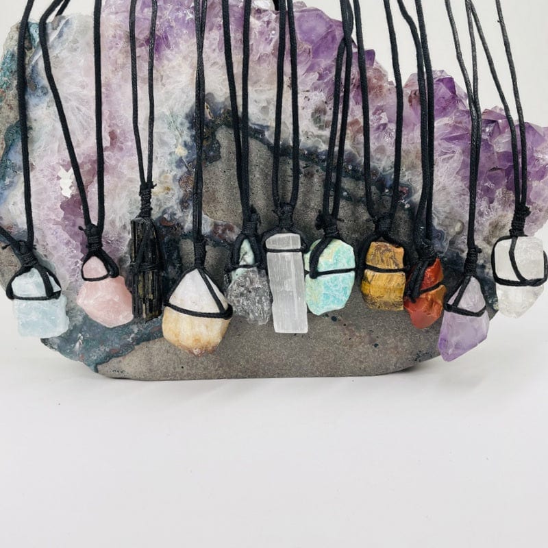 necklaces displayed to show the differences in the crystal available 