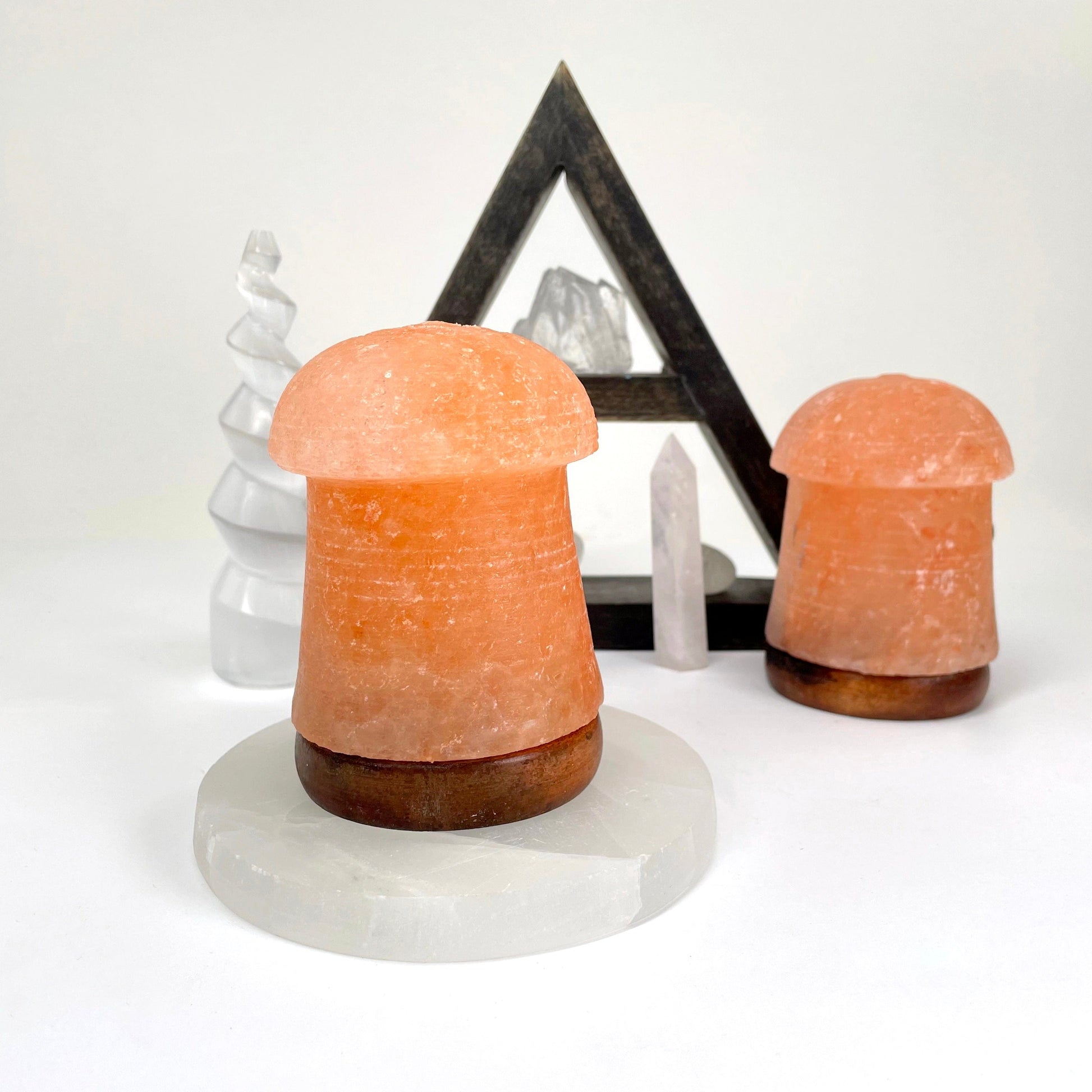 himalayan salt orange mushroom lamp in front of backdrop with another himalayan salt orange mushroom lamp in background
