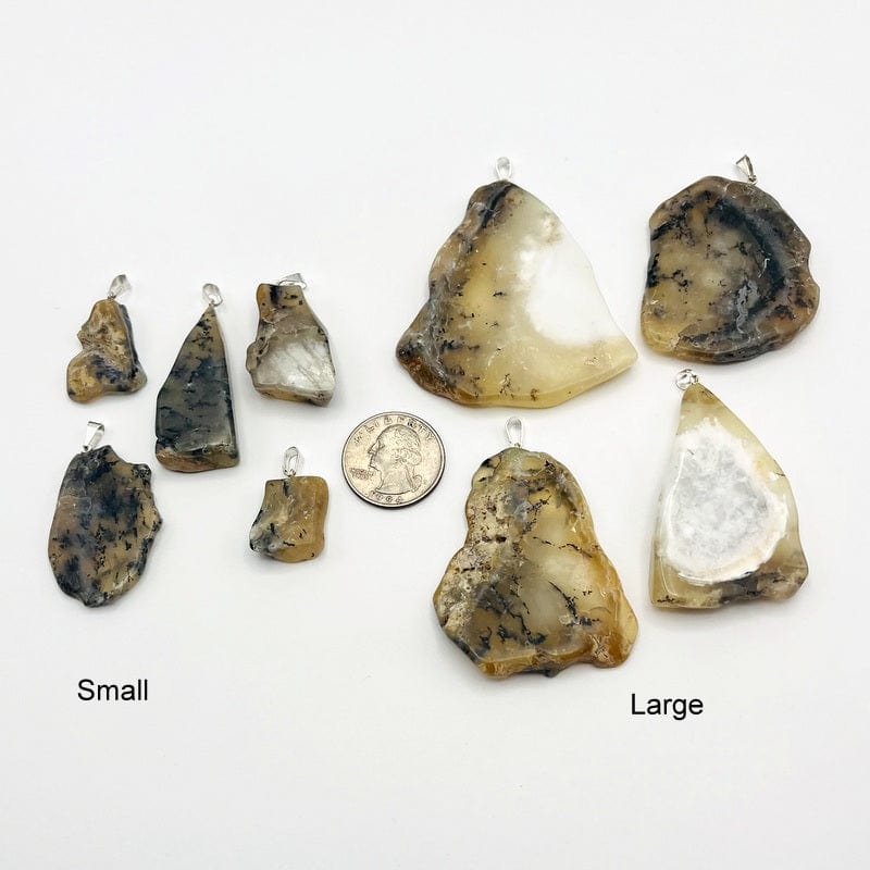 dendritic opal slab pendants next to a quarter for size reference available in small or large  